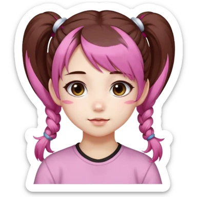 jirai kei, девушка с длинными темно каштановыми волосами и несколько розовых прядей по всей голове в разных местах, прическа два высоких хвоста заплетённые пушистыми белыми резинками. милое лицо. с sticker