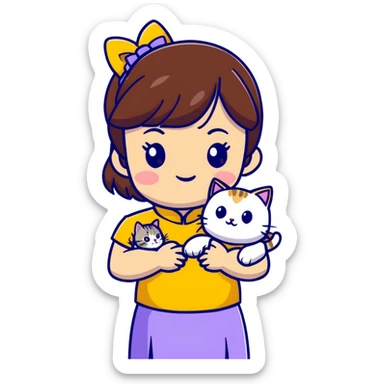 girl with brown hair and bangs wearing yellow qipao with gray tabby cat sticker