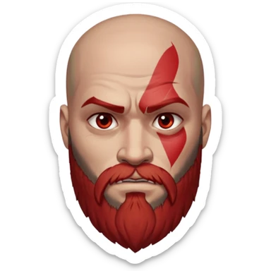 Kratos as an Android emoji, showing his signature red tattoo, beard, and intense eyes, in a flat, minimal Android emoji style sticker