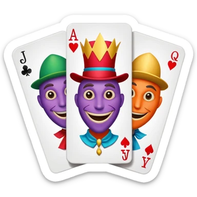 3 poker cards, with crazy colorful human jolly jokers inside, inversed face sticker