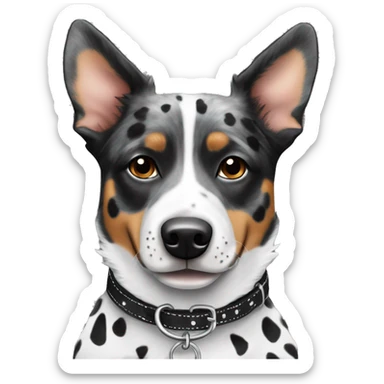 Black and white spotted Australian cattle dog with collar sticker