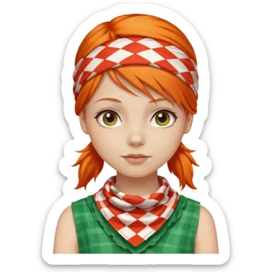 girl orange hair, wear red and white checkered bandana, green dress sticker