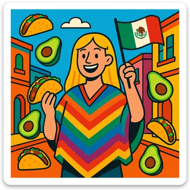 cartoon of a tall blonde woman smiling wearing a colorful poncho holding a taco and an avocado waving a Mexico flag surrounded by tacos and avocados on a lively street background with bright and bold colors sticker