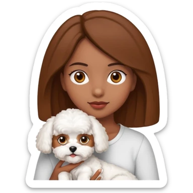 Chica morena ojos marrones con un bichón maltés en los brazos sticker