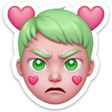 Pink skin, round, heart eyes but looks angry with 3 light green heart above his head sticker