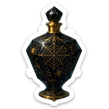 premium class black crystal elixir bottle with lots of shine, facets, ornaments, decorated with spiders and spider webs, golden details, magical effects, very small golden neck, transparent background, beautiful merging base, clearly floating in the air, no base or shadow, very luxurious, matching a collection sticker