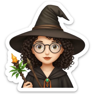 A dark curly haired girl with a witch hat, round glasses, and a plant wand sticker