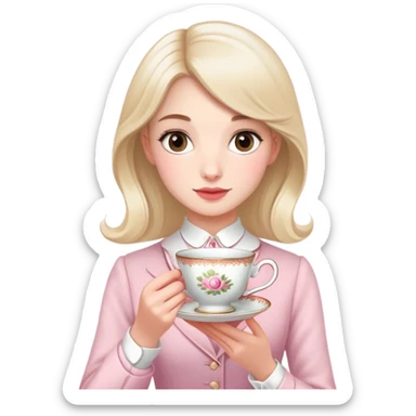 British girl elegantly holding teacup with one hand, pinky slightly raised, proper tea etiquette sticker