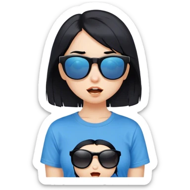 A girl with black bob hair with pony, wearing black sunglasses，one funny(0.5) face (0.5)，wacky expression, a blue t-shirt. lovely. cute sticker