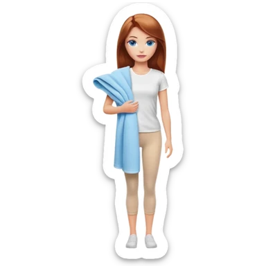A Barbie girl with blue eyes, shoulder-length reddish-brown hair, made-up, wearing a white T-shirt and beige leggings, holding a towel in her hands sticker