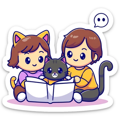 two girls watching a cute kitty drawing an emoji, playful cartoon style sticker