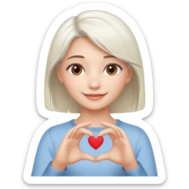 Beautiful girl. Platinum-colored hair just below the shoulders, straight, brown eyes, sweet smile. Hands in the shape of a heart.  sticker