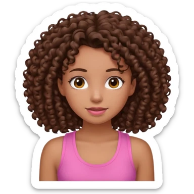 Uma menina com o cabelo cacheado é morena, e com uma regata rosa sticker