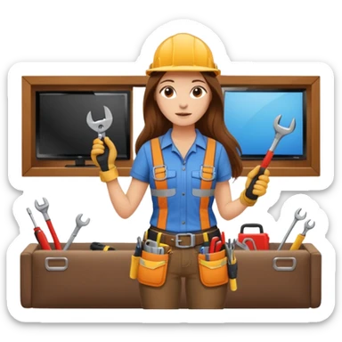 beautiful girl with long brown hair constructing new lounge room area with flat screen tv and couch sticker