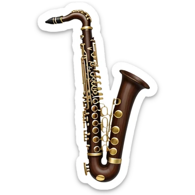 Create a detailed and unique emoji representing a clarinet with a saxophone-style mouthpiece. The design should feature the sleek, dark wood finish of the clarinet, with its shiny metal keys clearly visible, but at the top, include the large, curved mouthpiece typical of a saxophone. The mouthpiece should have a reed, similar to the one used in a saxophone, with subtle details to indicate its function. Use dark wood tones for the body of the instrument and silver or brass accents for the keys. Add small musical notes or soundwaves around the instrument to evoke its smooth, melodic sound. The background should be transparent sticker