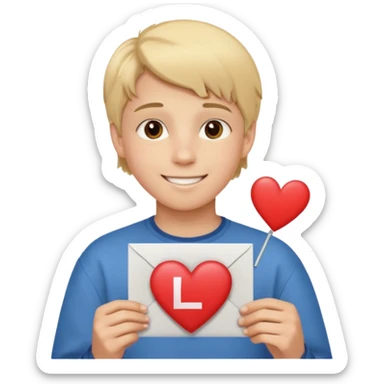 Un garçon blond aux yeux marrons de 13 ans qui tient avec ses mains un L avec des cœurs autour de son visage sticker