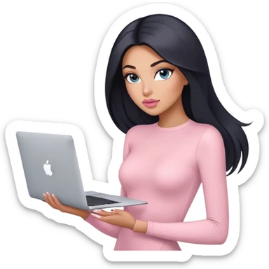 Glamours, tanned, very beautiful girl, with big pump peach-beige-rose lips, long lashes, black straight smooth silky long hair, straight parting hair, blue-grey eyes, in light-pink bodysuit holding MacBook sticker