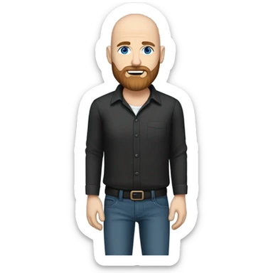 Bald, Caucasian, sky-blue-eyed, Psychotherapist in a modern colorful chair. He has a brown full beard and he’s Wearing a black dress shirt with a subtle pattern, blue jeans and black Chelsea boots with his legs separted leaning forward grey in goatee sticker