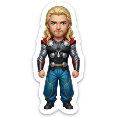 Thor from Norse Mythology with green eyes, long blonde hair, black metallic shirt, blue metallic baggy pants, silver necklace sticker