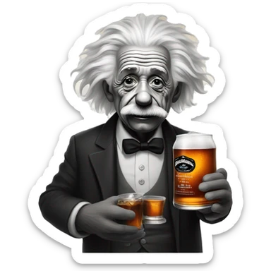 Albert Einstein drinking Jack Daniels with an old chimpanzees bold  sticker