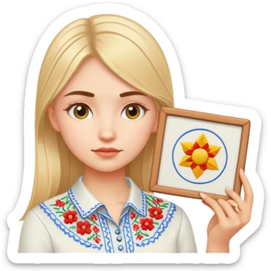 A Ukrainian girl in an embroidered shirt holds a diagram sticker