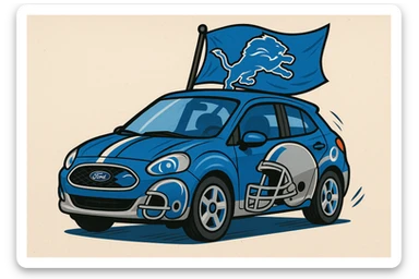 A Ford car in blue and silver, Detroit Lions flag on the roof, football helmet details, fun and spirited. sticker