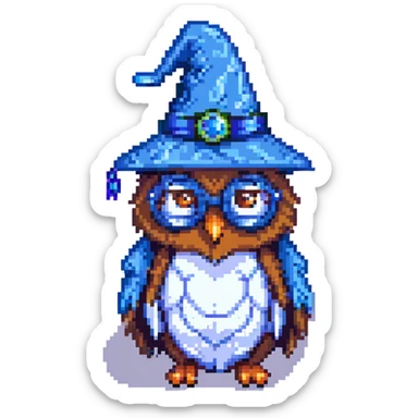 owl with a blue wizard hat and glasses pixel art sticker