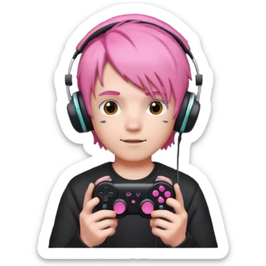 pink haired boy with headphones holding all black game controller sticker