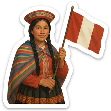hombre o mujer peruano con ropa típica, sujetando la bandera nacional de Perú, estilo realista simplificado sticker