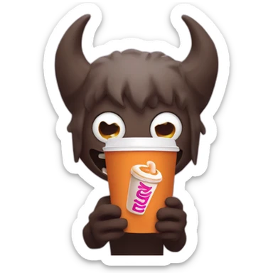 a demon holding a dunkin donuts coffee cup sticker