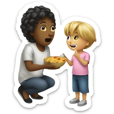 kid asking mom for food sticker