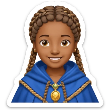 brown skin girl with braided hair, wearing blue cloak, smile sticker