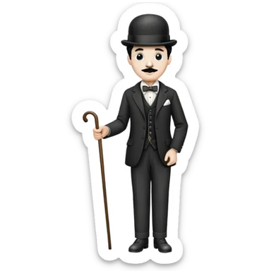 Charlie Chaplin with bowler hat, small mustache, suit, cane, and classic pose sticker