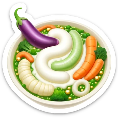 Bowl of glowing white yogurt and colorful fermented vegetables floating around a luminous spiral intestine. Golden bubbles and green particles flow from the intestine, representing beneficial bacteria creating harmony and strengthening immune defenses. sticker