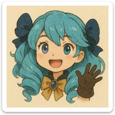 chibi style Gwen from League of Legends, only head, right eye purple, one hand waving with glove, smiling and energetic, ghibli style sticker