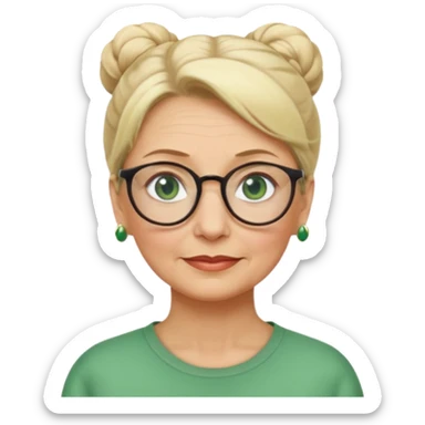 older teacher with blonde bun green eyes and glasses sticker
