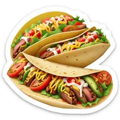Cinematic vibrant tacos, warm soft shells filled with flavorful meats, fresh vegetables, cheese, and zesty salsa, colorful and lively, ultra-detailed and appetizing. sticker
