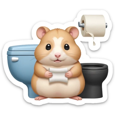 Cute chubby cartoon-style hamster sitting on toilet holding toilet paper looking as if he had an accident, sticker-style illustration sticker