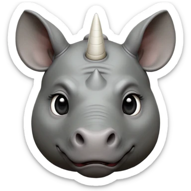 cinematic-noble-cute-rhinoceros-portrait-emoji,slate-grey-hide-poised-and-regal,-with-a-massive,-powerful-build-and-a-thick,--deep-set-soulful-piercing-eyes,-simplified-yet-sharp-and-sophisticated-features,-highly-detailed,-large-black-eyes, white horn, front facing, zoomed out showing shoulders sticker