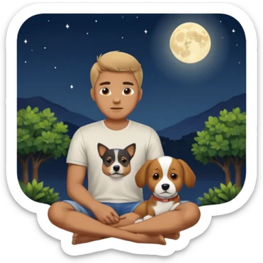 Man sitting outside at night under moonlight with dog sticker