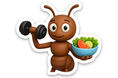 EMOJI STILE IPHONE 3D DI UNA formica CHE ha un manubrio da palestra nella mano destra e un insalata nella mano sinistra, FAGLI GLI OCCHI CON LA PARTE BIANCA, NON SOLO LA PUPILLA sticker