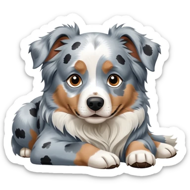 Merle Australian Shepherd dog laying down, blue merle coat with white and black spots, relaxed pose sticker
