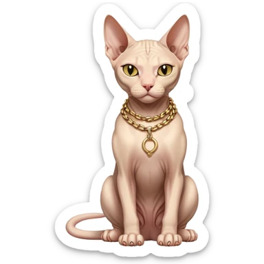 Sphynx cat full body sitting with a gold chain, one eye closed sticker