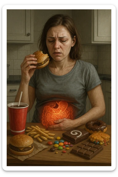 donna con candida intestinale realistic mangia cibo ultraprocessato che fa crescere la candida intestinale sticker