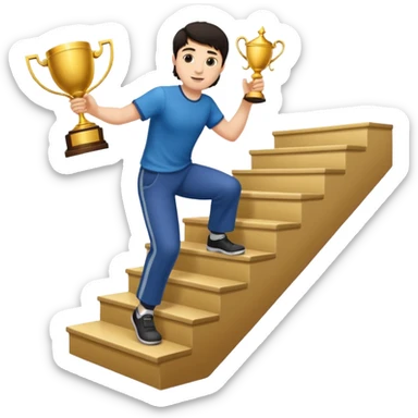 A man with fair skin and dark hair is climbing stairs to grab a trophy on the top step. sticker