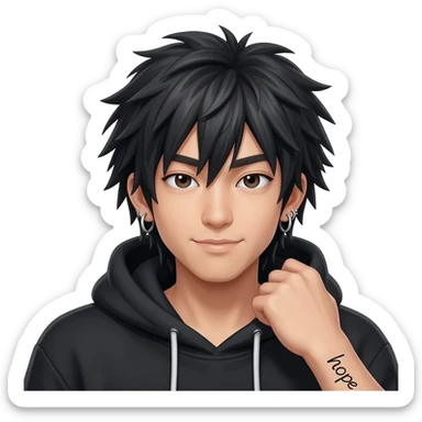 japan boy with spiky long hair and black hoodie zip one-sided earrings tattoo with the word "hope". cool face sticker