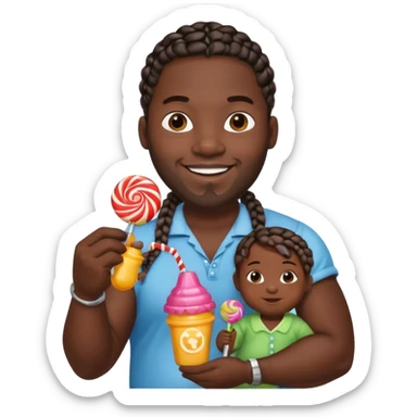 Big black man with braids hold a  baby bottle and a lollipop sticker