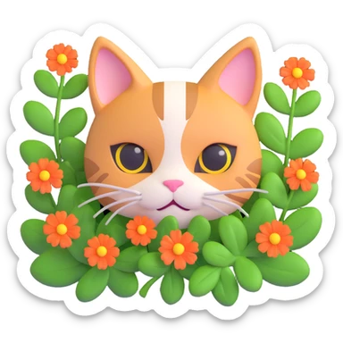 a cat hiding behind green clover leaves with flowers sticker