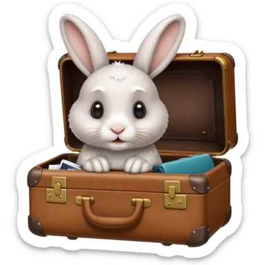 A curious rabbit nudging a tiny suitcase with its nose sticker