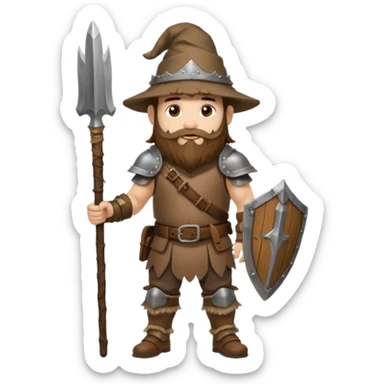 full body man long brown hair brown eyes medium beard white skin wearing boar hat and bark armor sticker